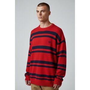 Chaps Mens XL Red Navy Blue Striped Cotton Crewneck Knit Sweater Core Preppy